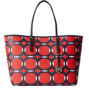 Michael Kors Jet Set Travel Deco Large Bucket Tote Red/Navy EUC
